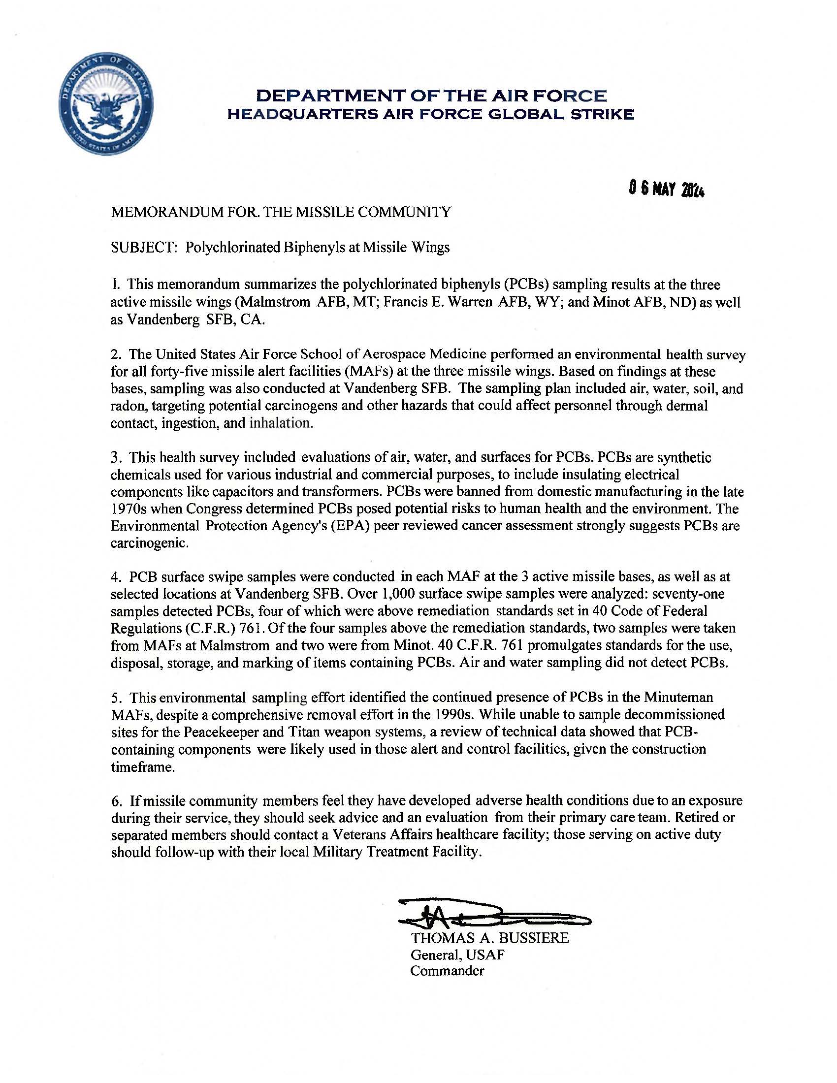 AFGSC Issues PCB Memo for Health Care Providers > Air Force Global
